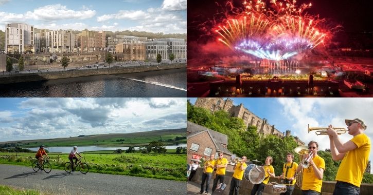 photo collage of Millburngate development at Durham City, Kynren outdoor performance, two people riding bikes in Durham Dales and Brass band in Durham City 